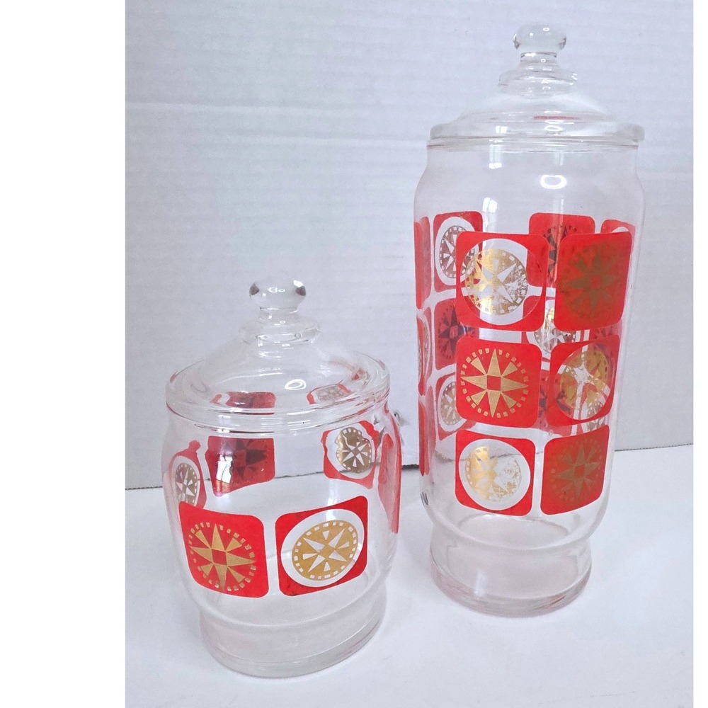 Vintage MCM Red Gold Atomic Starburst Glass Canister Set of 2 Retro Kitchen Jars